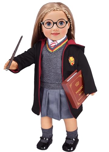 ebuddy Hermine Granger inspirierte Puppenkleidung Schuhe für American Girl Puppen: 10-teiliges Hogwarts-Uniform-Set mit imitiertem Zauberbuch von ebuddy