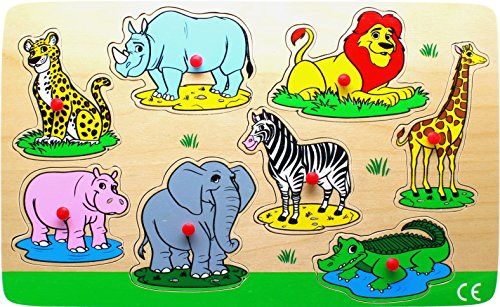 edu fun 10025 Holzpuzzle Steckpuzzle Puzzle Setzpuzzle Kinder-Spielzeug Kinderpuzzle Steck-Spiel Steckspielzeug 100% FSC (Wilde Tiere) von edu fun