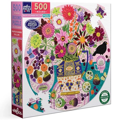 eeBoo PZFFUF Rundes Obst und Blumen, Still Life – buntes 500 Teilen – Puzzle aus recyceltem Karton – Maße 58,5 cm Durchmesser von eeBoo