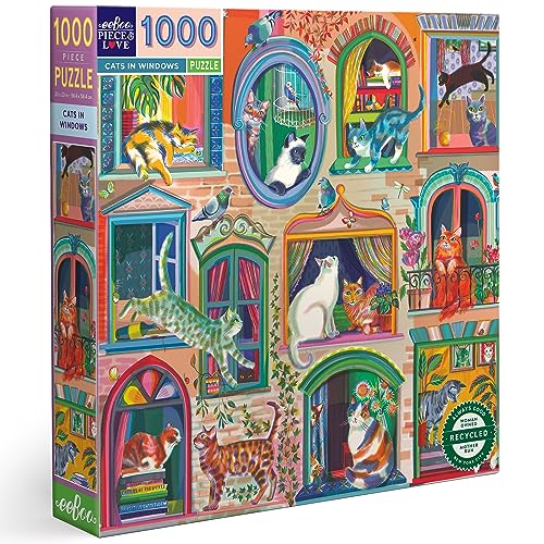 eeBoo Piece & Love: Katzen im Fenster – 1000 Teile Puzzle – Erwachsenen-Puzzle, quadratisch, 23 x 23 cm, inkl. Bildreferenzeinsatz, glänzende Teile von eeBoo