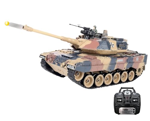 efaso Ferngesteuerter Panzer German Leopard 1:18 - Panzer ferngesteuert mit Schussfunktion, drehbarer Turm, Sound&Licht - Panzer Modell/RC Panzer (German Leopard - Sandfarben Standart Set) von efaso