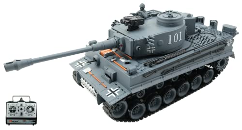 efaso Ferngesteuerter Panzer German Tiger I grau Maßstab 1:18, RC Panzer mit Schussfunktion Rauch und Sound RTR mit LED Lichtern von efaso