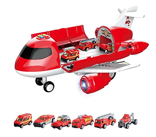 efaso XXL Flugzeug Spielzeug für Kinder mit Spielzeug Autos/Spielzeug ab 3 Jahre - 40 cm Flugzeug mit Auto Spielzeug aus Metall - Licht/Sound und Auswurf-Rampe (Feuerwehr - Farbe: rot) von efaso