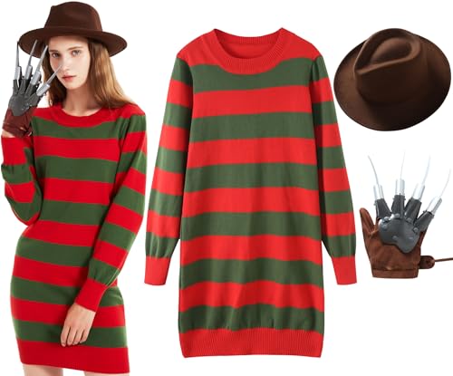 eforpretty Halloween-Kostüm für Damen, Freddy Krueger, Strickpulloverkleid mit braunem Hut und Lederhandschuhen, Größe XL von eforpretty