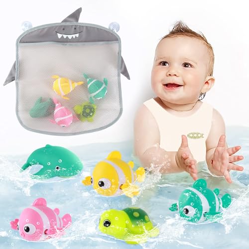 elfish kids Baby Badespielzeug, 6 Stück Wasserspielzeug Kinder, Badewannenspielzeug Niedliche Fische, Badewanne Pool Spielzeug, Uhrwerk Schwimmbad Spielzeug, Geschenke für Kleinkinder Jungen Mädchen von elfish kids