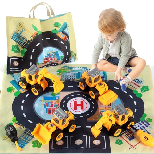 elfish kids Bagger Spielzeug ab 3 Jahre für Jungen, 4 in 1 BAU Baustellenfahrzeuge Kinder mit Spielmatte Set, Zerlegen Spielzeug DIY Baufahrzeuge Lernspielzeug für Geschenk Junge 3 4 5 6 Jahre von elfish kids