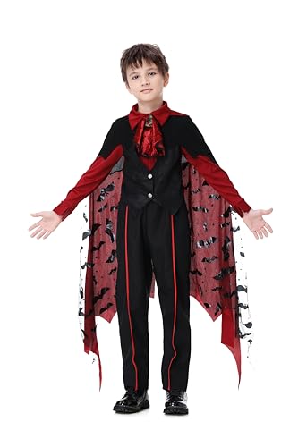 Vampir-Kostüm für Kinder, Jungen, Halloween-Kostüm, Vampir-Umhang, Hemd, Weste, Hose, Outfit, Kleidung, komplettes Set (M) von ellzant