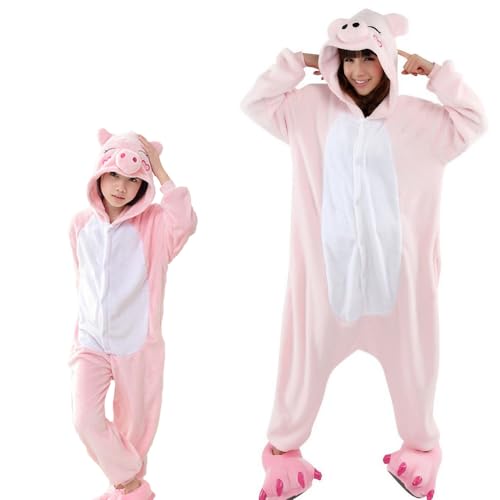 Emmarcon Unisex-Tierpyjama für Erwachsene und Kinder, Winter-Einteiler-Pyjama aus Flanell, weich und warm, ideal für Halloween und Karneval, Rosa Schwein-XL von emmarcon