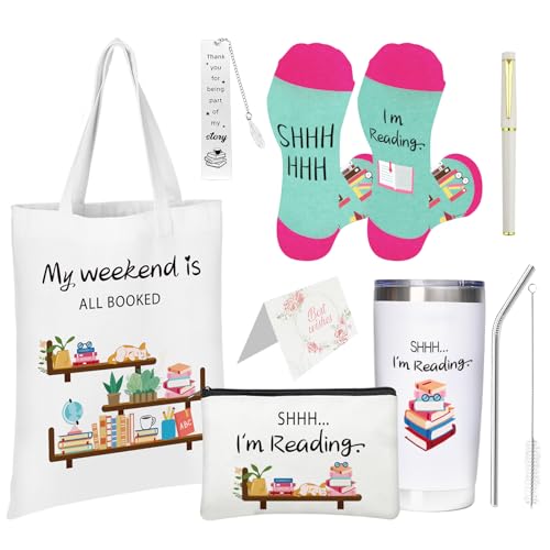 Buchliebhaber-Geschenke für Frauen, Geschenke für Buchliebhaber, inklusive 590 ml Becher, Tragetasche, Kosmetiktasche, Socken, Lesezeichen, Grußkartenstift, ideale Geschenke für Leser, Bibliothekarin, von emzrivo