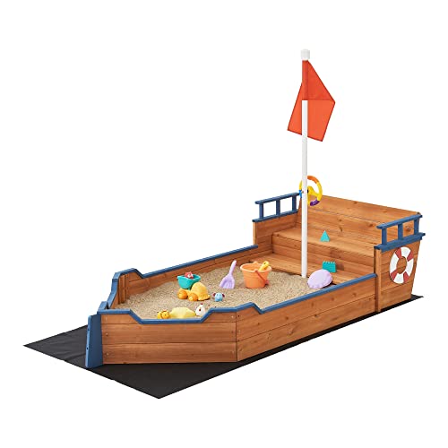 Sandkasten Mestia mit Piratenschiffoptik 136 x 193 x 94 cm Holzsandkasten Sandkiste Sandbox mit aufklappbarer Sitzbank Holz Natur von [en.casa]