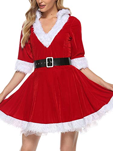 Weihnachtsmann-Kostüm-Set, Samtkleid mit Gürtel, Weihnachtsmann-Hoodie-Kleid, Cosplay, Anzug, Nachtwäsche (Rot, L) von ensswliz