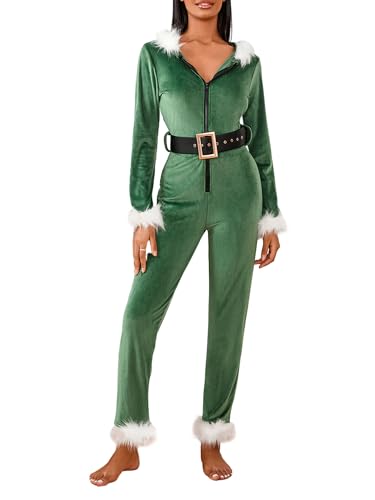 ensswliz Damen-Weihnachtsmann-Kostüm, langärmelig, ausgestellter Overall mit Nikolausmütze, Samt, Mrs. Claus, Cosplay-Outfits (C-Grün, Größe 2XL) von ensswliz