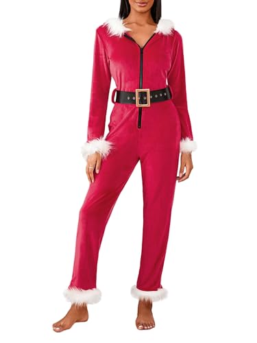 ensswliz Damen-Weihnachtsmann-Kostüm, langärmelig, ausgestellter Overall mit Nikolausmütze, Samt, Mrs. Claus, Cosplay-Outfits (C-Red, M) von ensswliz