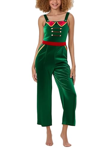 ensswliz Damen-Weihnachtsmann-Kostüm, langärmelig, ausgestellter Overall mit Nikolausmütze, Samt, Mrs. Claus, Cosplay-Outfits (E-Grün, L) von ensswliz