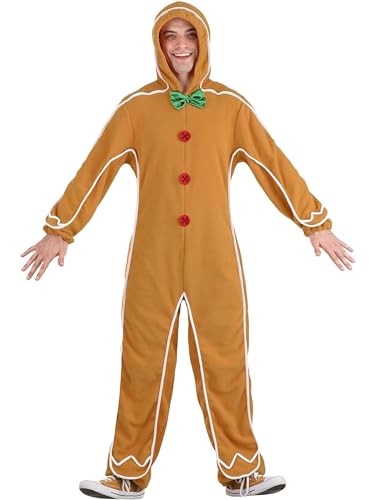 ensswliz Lebkuchenmann-Kostüm für Erwachsene, Kinder, Weihnachten, Halloween, Lebkuchen, einteiliges Kostüm, Cosplay, Overall, Outfits (A-Lebkuchenmänner, XL) von ensswliz