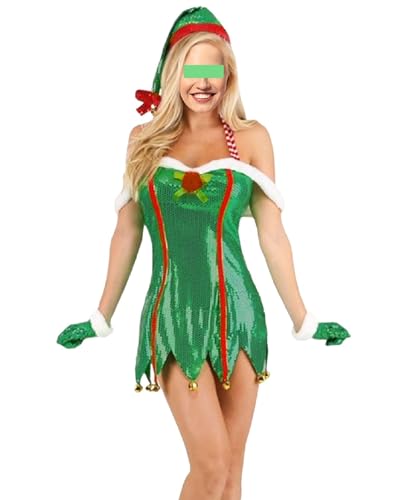 ensswliz Weihnachtskostüm für Damen, Weihnachtsmann-Outfit, Fellbesatz, Kostüm, Elfe, Cosplay, Party, Kostüme (F-Grün, L) von ensswliz