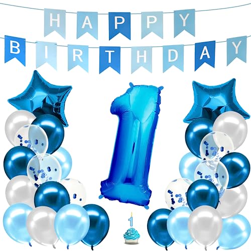 envami® Geburtstagsdeko Jungen Blau Zahl 1. Geburtstag Junge Happy Birthday Deko Geburtstag Junge Folienballon 1 Luftballon 1. Geburtstag Kindergeburtstag Deko 1. Geburtstag Junge von envami