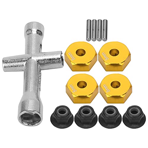 equlup RC Sechskantnabenadapter, 12 mm Rad, 5 mm Dicke, Radverlängerung, Sechskantadapter mit Kreuzschlüssel, Rutschfester M4-Mutternsatz für 1/10 RC-Auto (Gold) von equlup