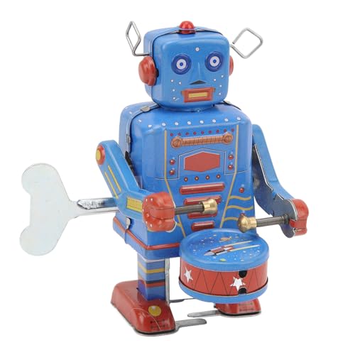 equlup Uhrwerk-Trommelroboter-Spielzeug, Weißblech-Retro-Trommel-Aufziehroboter, Tisch-Bücherregal, Figurendekoration für Kinder und Erwachsene von equlup