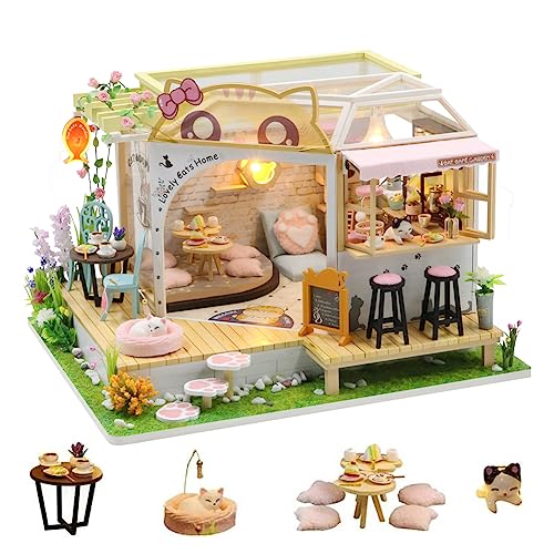 erhumama Puppenhaus zum Selbermachen, Miniatur-Katzen-Café, 3D-Modell, Bastelset, Holz-Puppenhaus, Möbel, Lichter, Zubehör (Café) von erhumama