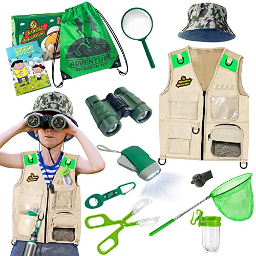 Draussen Forscherset & Bug Catcher Kit mit Kinder Weste, Fernglas, Lupe, Schmetterlingsnetz, Hut und Rucksack, Adventurer Set Geschenke für 3-10 Jahre Junge Spielzeug von essenson