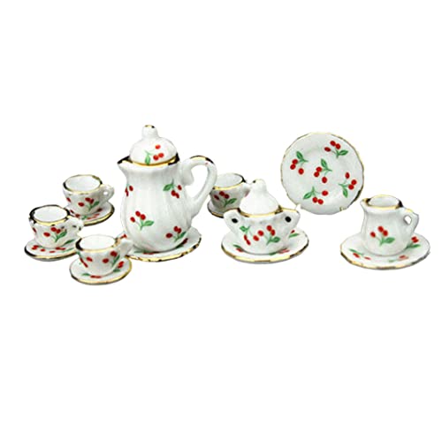 Dollhouse Miniature Tee -Set Porzellan Tasse Pot Teller Blumenkirschdruck 1:12 Zubehör Esswaren 15pcs Haushaltsgeschirr Geschirr von eurNhrN