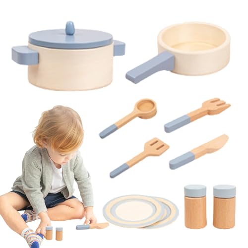 Holzküchenspielzeug für 3+ Kinder 10pcs/Set Safe hölzerne Spielküche enthalten Topf und Pan Set Kitchen Accessoires Blau Spiele Gegenstände von eurNhrN