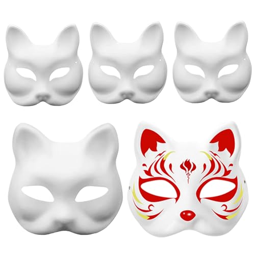eurNhrN 5PCS Therian Masken, DIY Hand gemalte Fuchs Maske, weißes Papier Katze Masken, lustige Tier Masken für Cosplay Party, Maskerade 7.1x6.7 Pretend Spielzeug von eurNhrN