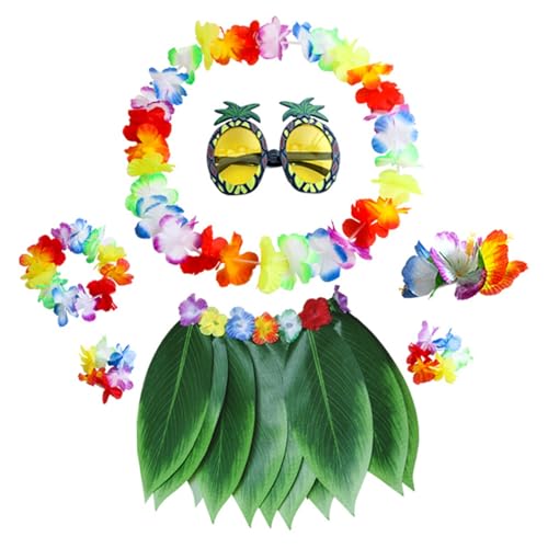 eurNhrN Hula Blattrock mit Blumenleis, 7pcs/Set Hawaiian Grasrock Luau Outfits für Frauen, Mädchen, Sommerpartyspielzeug und Spiele von eurNhrN