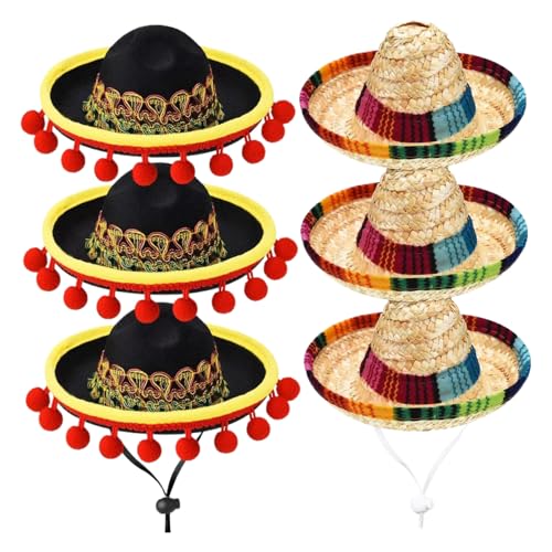 eurNhrN Mini Sombrero hüte 6pcs kleine Sombrero Party Hüte mit verstellbarem Kinngurt Mexikanische Party Gefälligkeiten für Leute Pet Chin Gurt Games Gegenstände von eurNhrN