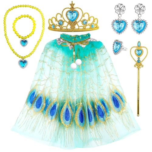 exatta 8 Stück Pfau Prinzessin Tüll Umhang Glitzer Pailletten Mädchen Mit Krone Zauberstab Halskette Armband Ring Ohrringe Kinderkostüm Set Für 5–10 Jahren Für Karneval Mottoparty Fasching Geburtstag von exatta