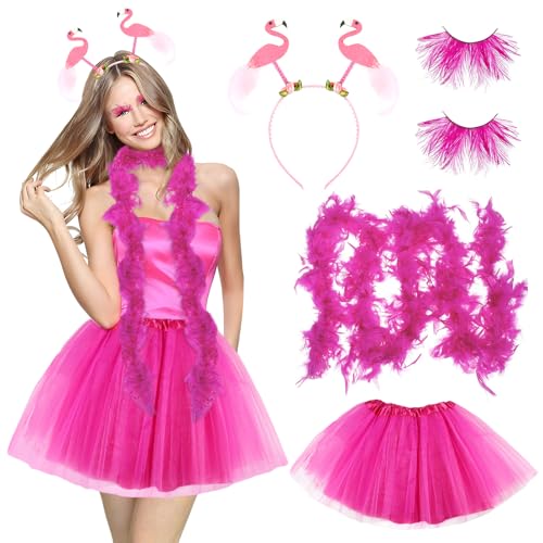 exatta Flamingo Kostüm Damen, Tüllrock Rosa Flamingo, 4 Stück Flamingo Accessoires Kostüm mit Haarreif, Federschal, Federwimpern für Fasching Karneval Mottoparty Kostüm Accessoires von exatta