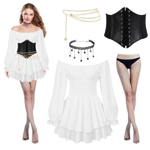 exatta Mittelalter Piratenkostüm Damen, Off Shoulder Weißes Kleid mit Korsett Gürtel, Netzstrumpfhose,Taillenkette, Halskette, Karneval Kostüm Damen,für Cosplay Themenpartys von exatta