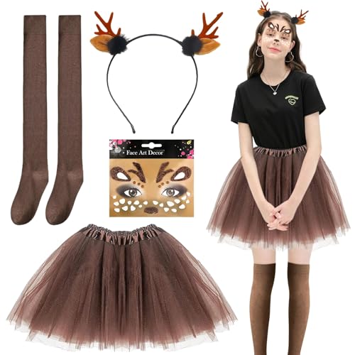 exatta Reh Kostüm Damen,Karneval Kostüm Damen,Tüllrock Kaffee Tutu Rock,Rentier Gesicht Tattoos,Overknees Strümpfe,Reh Kostüm Accessoires für Fasching Karneval Cosplay Mottoparty von exatta