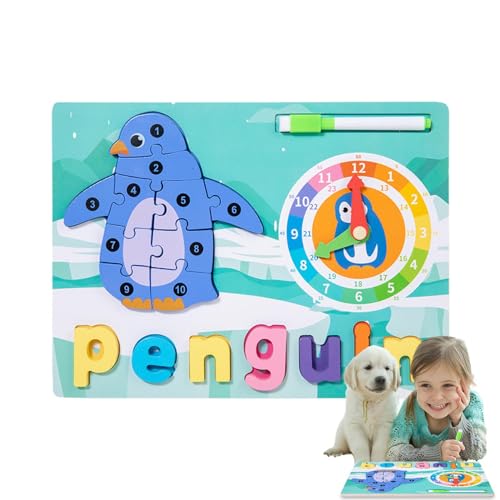 fanelod Tierpuzzle für Kleinkinder, Holzpuzzles,Niedliches Elefanten-Pinguin-Form-Sortierpuzzle | Lernaktivitäten, Tierpuzzle mit Lernuhr-Buchstaben-Matching-Spiel für Vorschulkinder von fanelod