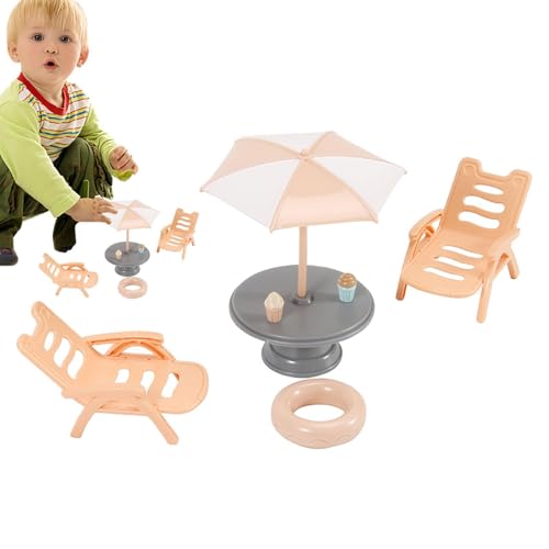 fayarrd Miniaturen Doll House Accessoires, Puppenhaus Strandzubehör,Strand Regenschirm Stuhl Tisch Herzstück - Vielseitige Puppenhauszubehör Ative Figuren für Innen im Freien im Freien von fayarrd