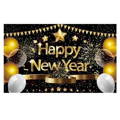 Neujahrsbanner, Schwarz Gold Happy New Year Hintergrund, Happy New Year Banner mit Ballons, Party Banner Magnetband, Glitzer Neujahr Banner Dekoration, Banner Wanddekorationen für Familienteil von fiira