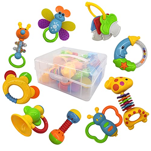 fiouni Baby Rassel Beißring Spielzeug Set Babys Erste Rasseln Babys Erstes Spielzeug Geschenkset für Säuglinge Neugeborenes Baby Jungen Mädchen 3 6 9 Monate 11 Stück (Blau) von fiouni