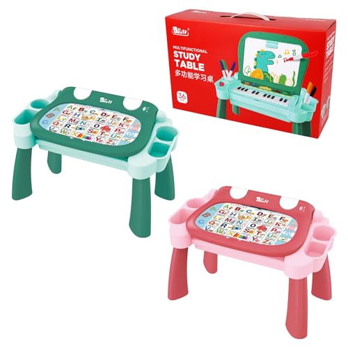 4-in-1 Interaktiver Spieltisch für Kinder – Lernspielzeug mit 4 Lernkarten, 5 Notenblättern und Schreibtafel, inkl. verborgenem Klavier – Intelligentes Lernerlebnis für Kleinkinder 3-6 Jahre+ (Rosa) von fisca