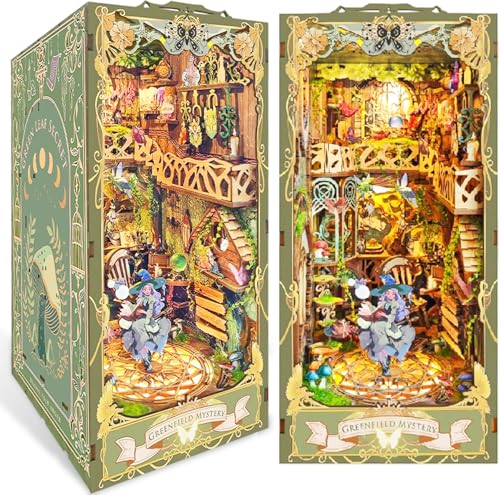 DIY Bücherecke Bausatz, Miniatur Puppenhaus Bausatz für Erwachsene & Jugendliche, Bücherecke Bücherregal Einsatz Dekor 3D Holz Puzzle Buchstütze Miniatur Bausatz mit Licht (Geheimnis Greenfield) von fisca