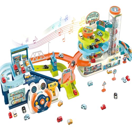 fisca 2-in-1-Rennwagen-Spielset für Kinder, Spielzeugauto-Rampenbahn und Hebeparkplatz, Dual-Modus Kleinkind-Auto-Track-Spielzeug-Spielset mit 6 Autos, Automatischer Drehaufzug, Lenkrad Musik Fahren von fisca