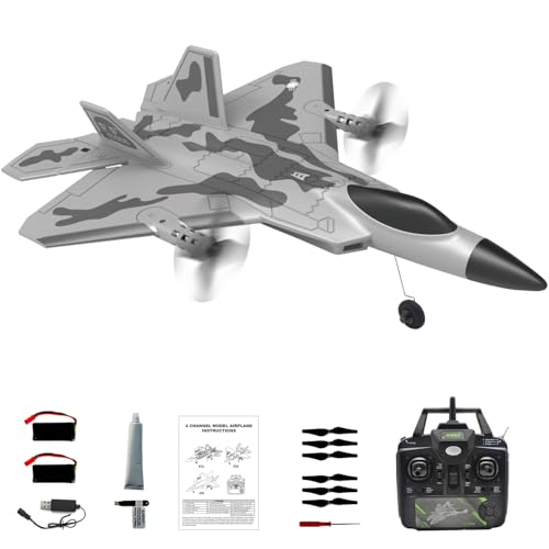 RC-Flugzeug 4CH Ferngesteuertes Kampfflugzeug mit 3 Modi, F-22 RC Flugzeug Flugfertig, Stunt Fliegen Upside Unte, Zwei Batterien Spielzeug für Anfänger Erwachsene mit Stabilisierungssystem (Grau) von fisca