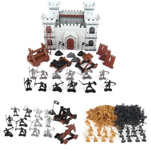 Mittelalterliches Burgspielzeug Ritter-Krieger-Action-Figuren, DIY Zusammengebautes Burgsoldaten-Armee-Modellspiel-Bausatz mit Burg, Kavallerie & Pfeilturm Simulierter Belagerungskrieg des Angriffs von fisca