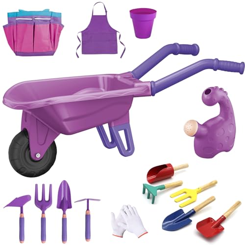 fisca 15 PCS Gartengeräte-Set für Kinder, Kleinkind-Gartenbauwerkzeug-Set Spielzeug mit Schubkarre, Blumentopf, Aufbewahrungstasche, Harke, Gabel, Schaufel, Schürze, Gartengeräte-Set für Kinder Mädche von fisca