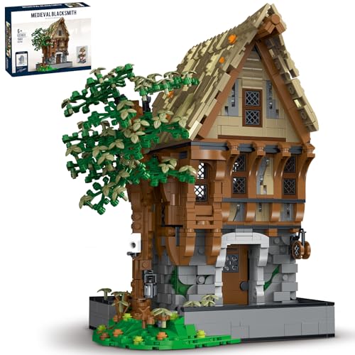 fisca Mittelalterliche Architektur Blacksmith Building Block Set mit LED Licht - 1991 PCS Bau-Spielzeug für Sammler, Modell der mittelalterlichen Hütte, Dekorative Bastelidee für Erwachsene und Kinder von fisca