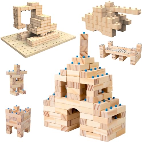 fisca Holzbauklötze - 300PCS Kinderbaukasten mit 30 x 22cm Grundplatte, Montessori Holzbauklötze Spielset, pädagogisches Konstruktionsspielzeug für 3 Jahre alt - Schloss Master Builder Spielset von fisca