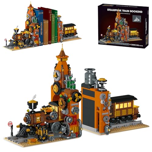 fisca Steam Punk Railway Building Block Set für Erwachsene und Jugendliche, Modellbaukasten mit LED-Licht, Mini-Bausteine Modular Construction Architecture Building Toy Gift (1252PCS) von fisca