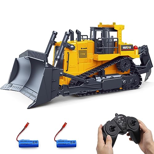 fisca Ferngesteuerter Bulldozer, RC 1/16 Voll funktionsfähiges Baufahrzeug Ferngesteuerter Schwerer Bulldozer, 2,4 GHz 11-Kanal-Dozer-Frontlader-Spielzeug mit Licht und Sound für Kinder von fisca