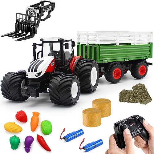 fisca Ferngesteuerter Traktor Spielzeug RC Bauernhof Traktor Set mit Anhänger Frontgabelstapler, 1/24 Scale 2.4Ghz Elektronischer Traktor Bauernhof LKW Fahrzeug Spielzeug mit Licht für Kinder im Alter von fisca