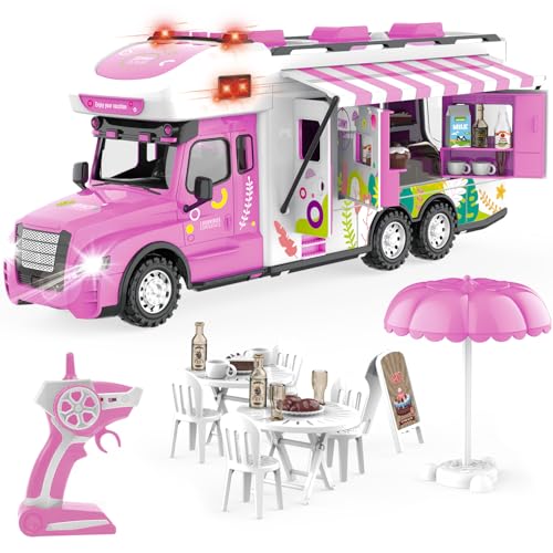 fisca Ferngesteuertes Auto, Rosa RC Camping Auto Spielzeug für Kinder Mädchen Geburtstag Weihnachten Geschenke mit Licht & Sound, Ferngesteuerter Food Truck, Kreatives Camper Spielzeug mit Mini Möbeln von fisca